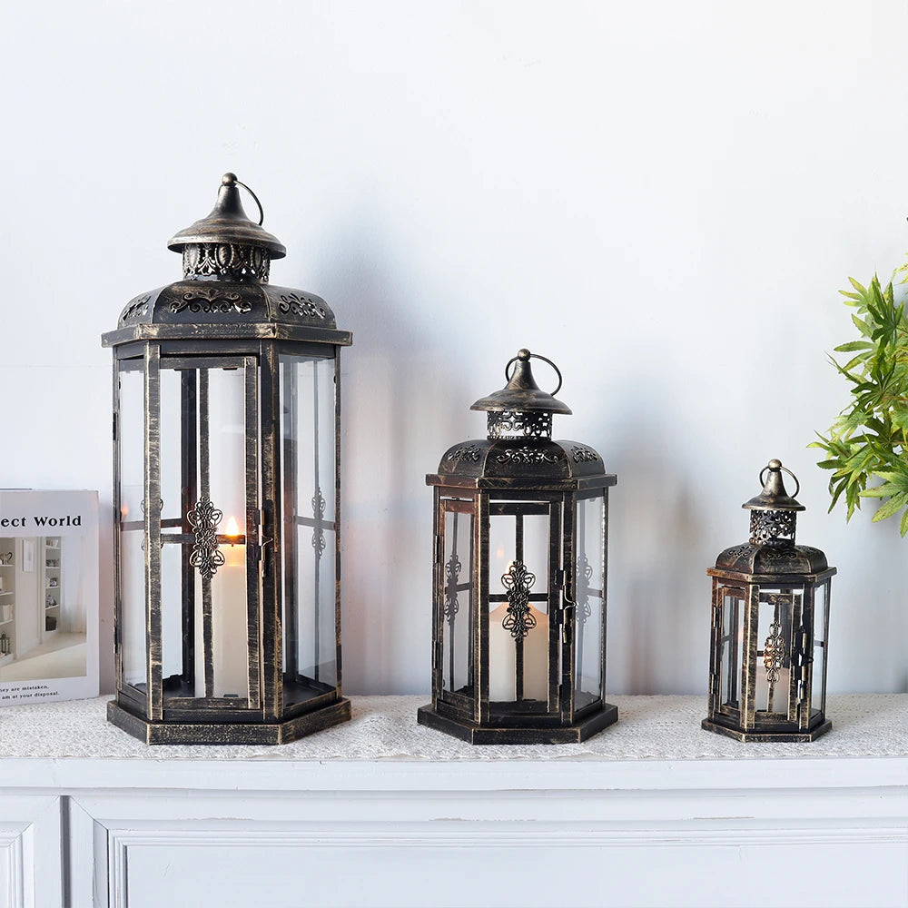 Set of Three Black Gold Brush Candle Lantern Vintage Hanging Lantern Outdoor Moroccan Iron Lantern for Home and Garden Decor
