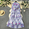 Waist Hugging Single Breasted Vacation Long Dress Printed Chiffon Dress Pleated Lotus Leaf Edge Cake Skirt