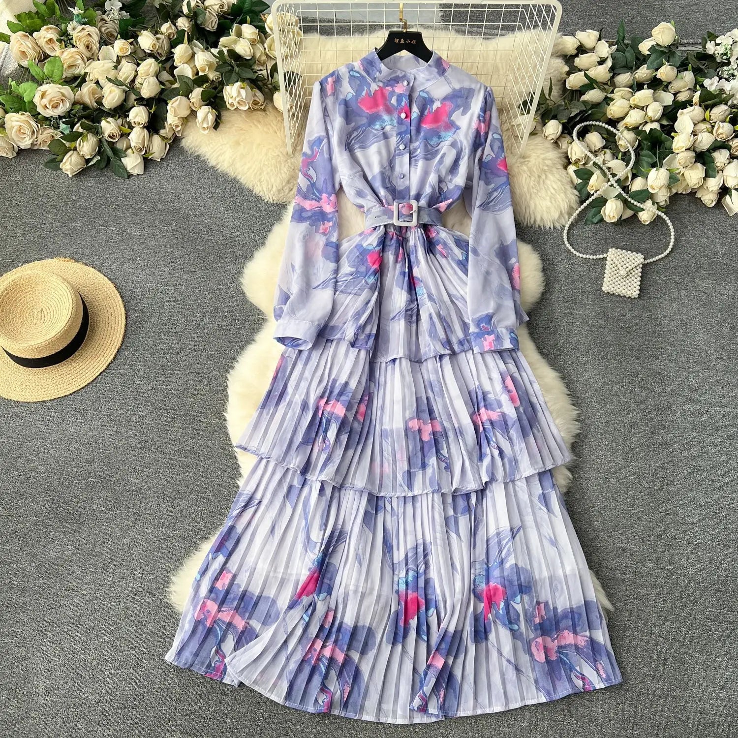 Waist Hugging Single Breasted Vacation Long Dress Printed Chiffon Dress Pleated Lotus Leaf Edge Cake Skirt