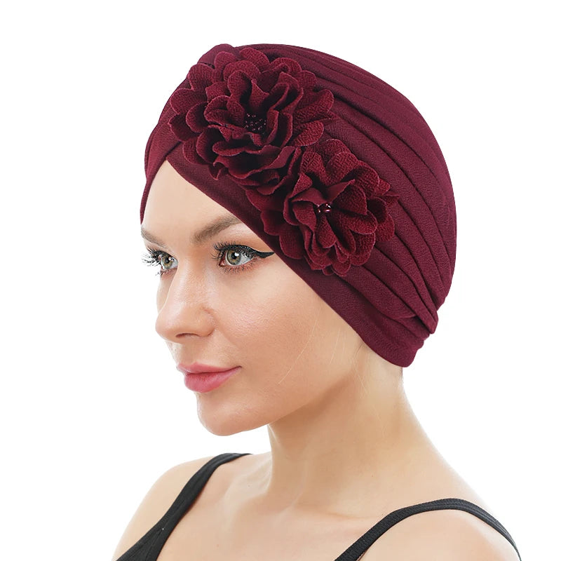 Wholesale Custom Logo Headscarf Head Cover Polyester Cap Sleeping 2 Flower Decorative Ruffle Turbans Head Wrap Head for Women
