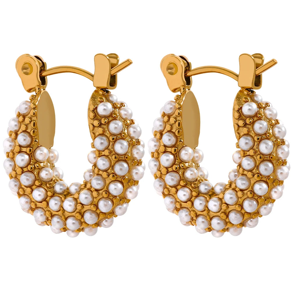 JINYOU 858 Stainless Steel Luxury Small Hoop Earrings Vintage Delicate Artificial Pearls Texture Gold Color Waterproof Jewelry MegaBDM