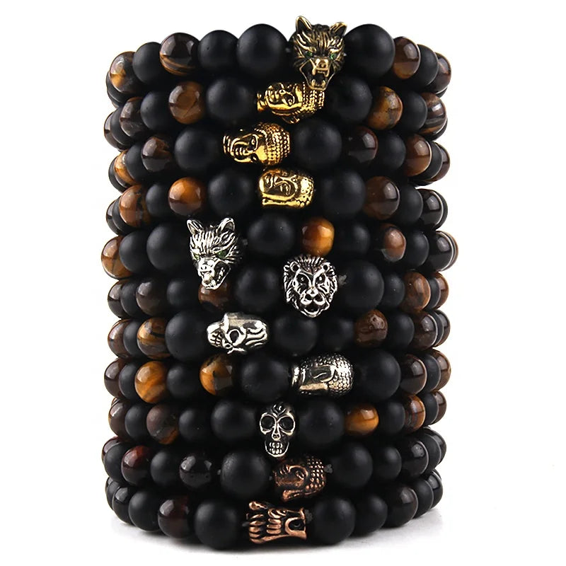 Hot Sell Wholesale 8MM Men Jewelry Black Stone Red/Yellow Tiger Eye Beads Bracelet Alloy Dragon Wolf Buddha Skull Lion Bracelet