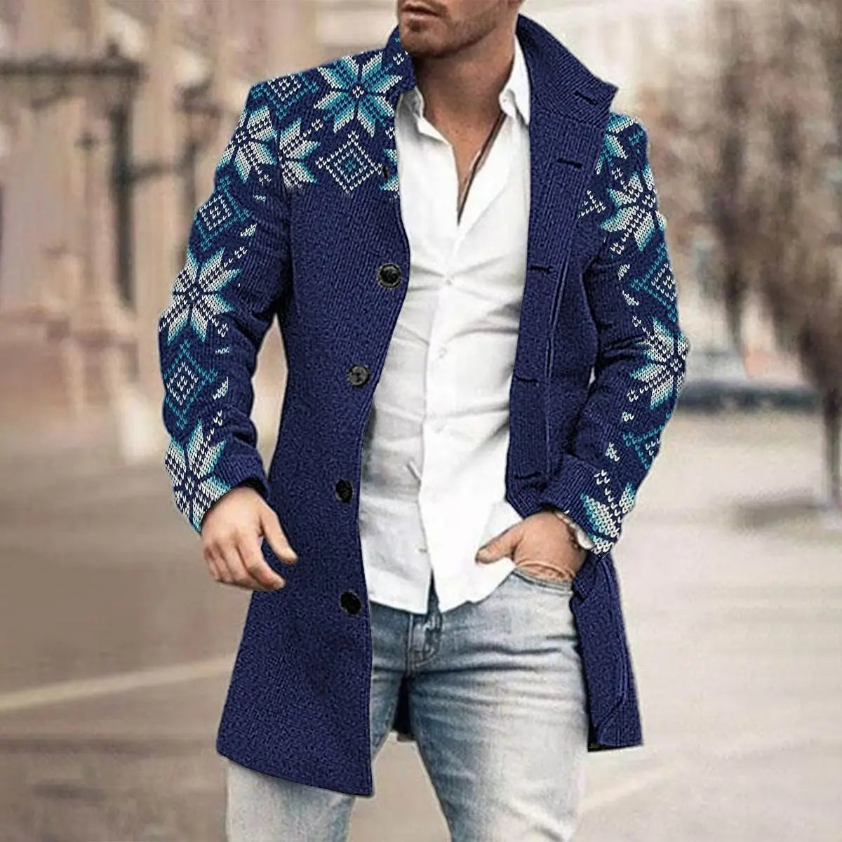 Men's New Winter Long Windbreaker Coat Single Breasted Top Eco-Friendly Quick Dry 3D Print 100% Polyester