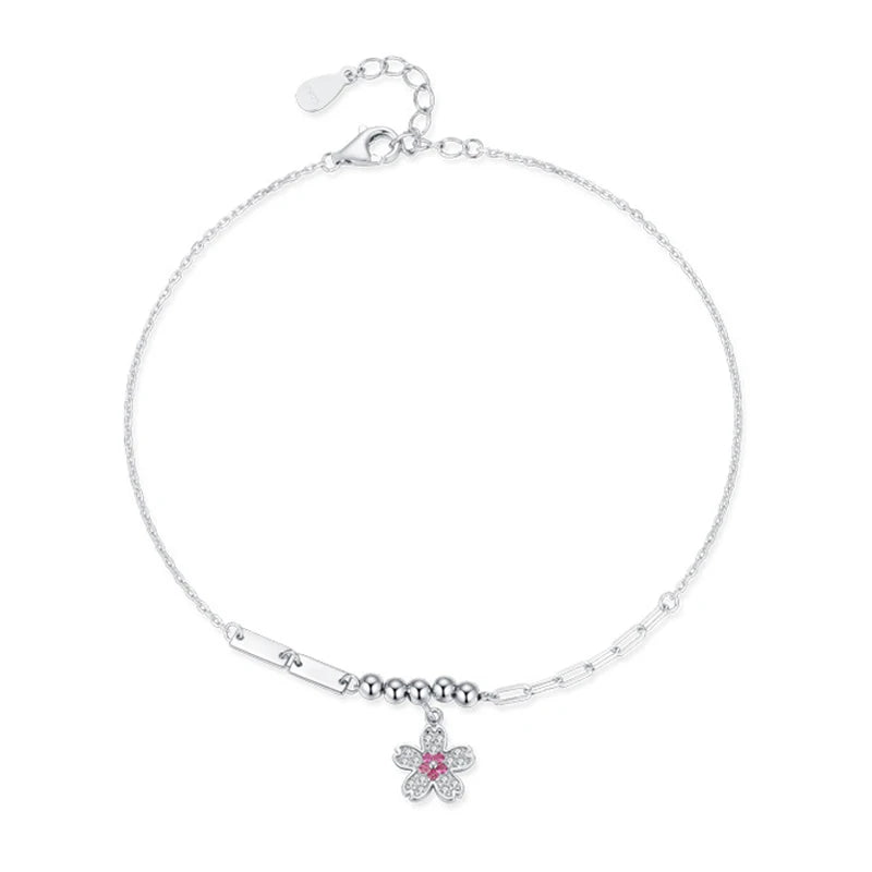 SL1675 S925 Sterling Silver Sweet Girl Pink Zircon Flower Bracelet for Women Elegant Inspired Adjustable Hand Jewelry Gift