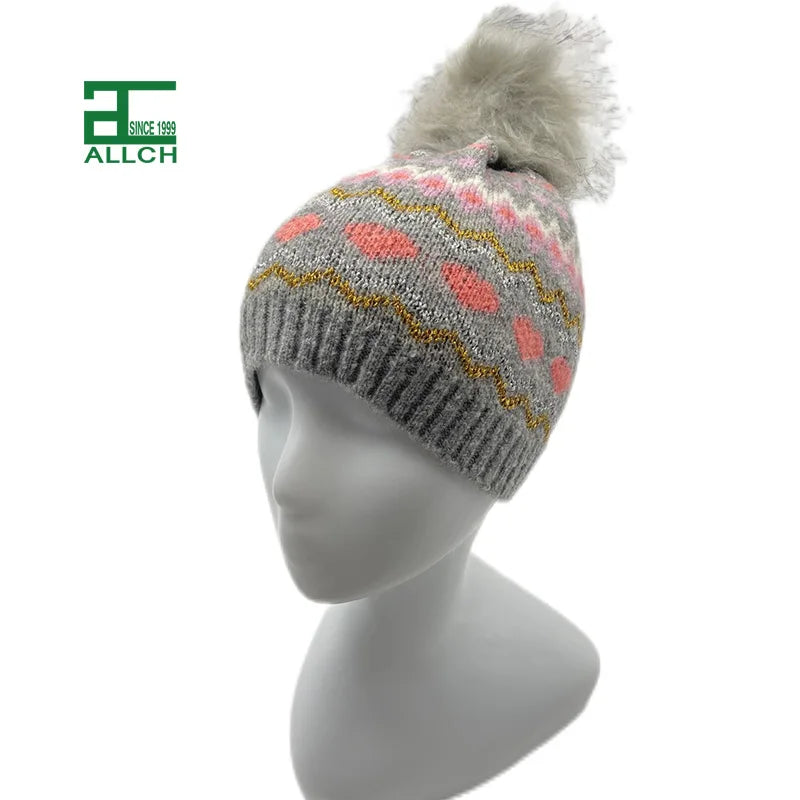 ALLCH RTS Hot Best Selling Stock Female Women Girl Winter Knitted Pom-Pom Beanie Bobble Cold Hat Jacquard for Outdoor Use Warm