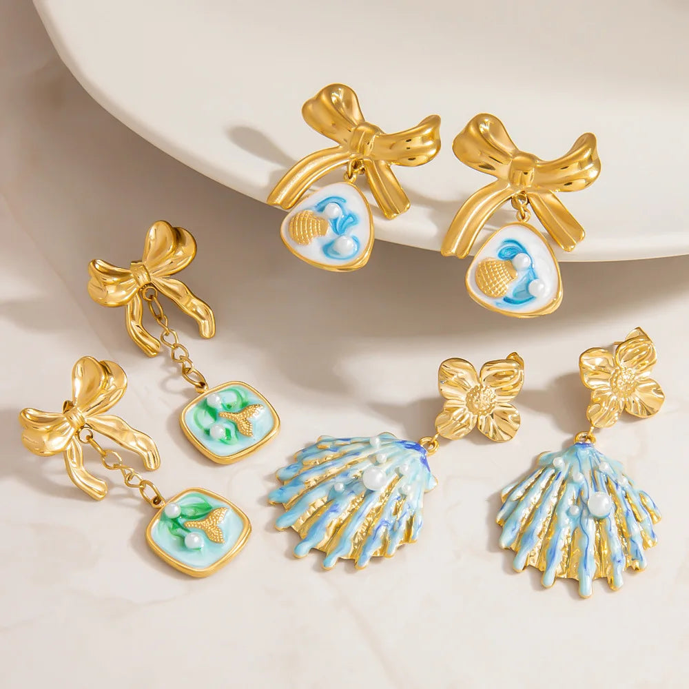 SUMMLY Wholesale Trendy 18K Gold Plated Stainless Steel Bow Shell Pendant Shape Earrings Creative  Fashion Jewelry