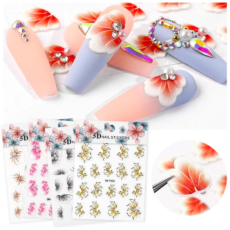 2021 DIY 5D Beautiful Carving Nail Art Decals Stick Directly Manicure Flower Nail Sticker for Salon