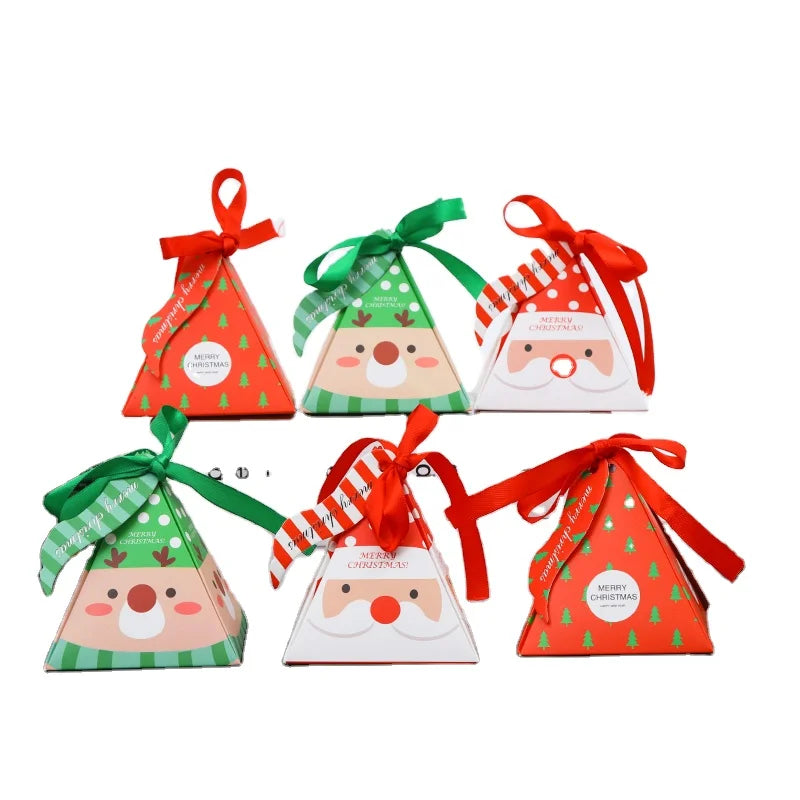 Triangle Christmas Candy Treat Boxes Christmas Nuts Dried Fruit Gift Box Packaging With Ribbon and Tags