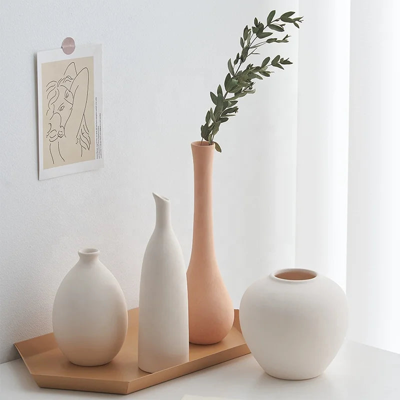 Modern Farmhouse Rustic Home Decor Beige Ceramic Vase Set Handmade Nordic Wedding Flower Vases Indoor Matt Glaze Creative Design