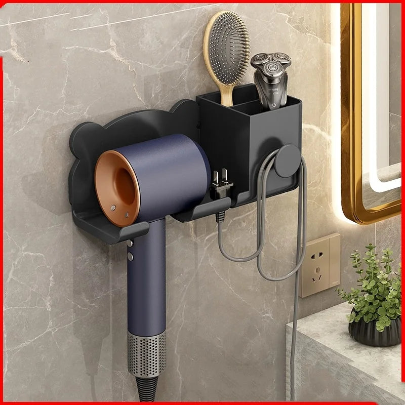 Wall Mounted Plastic Self-Adhesive Bathroom Hair Dryer Holder Rack with Storage Box