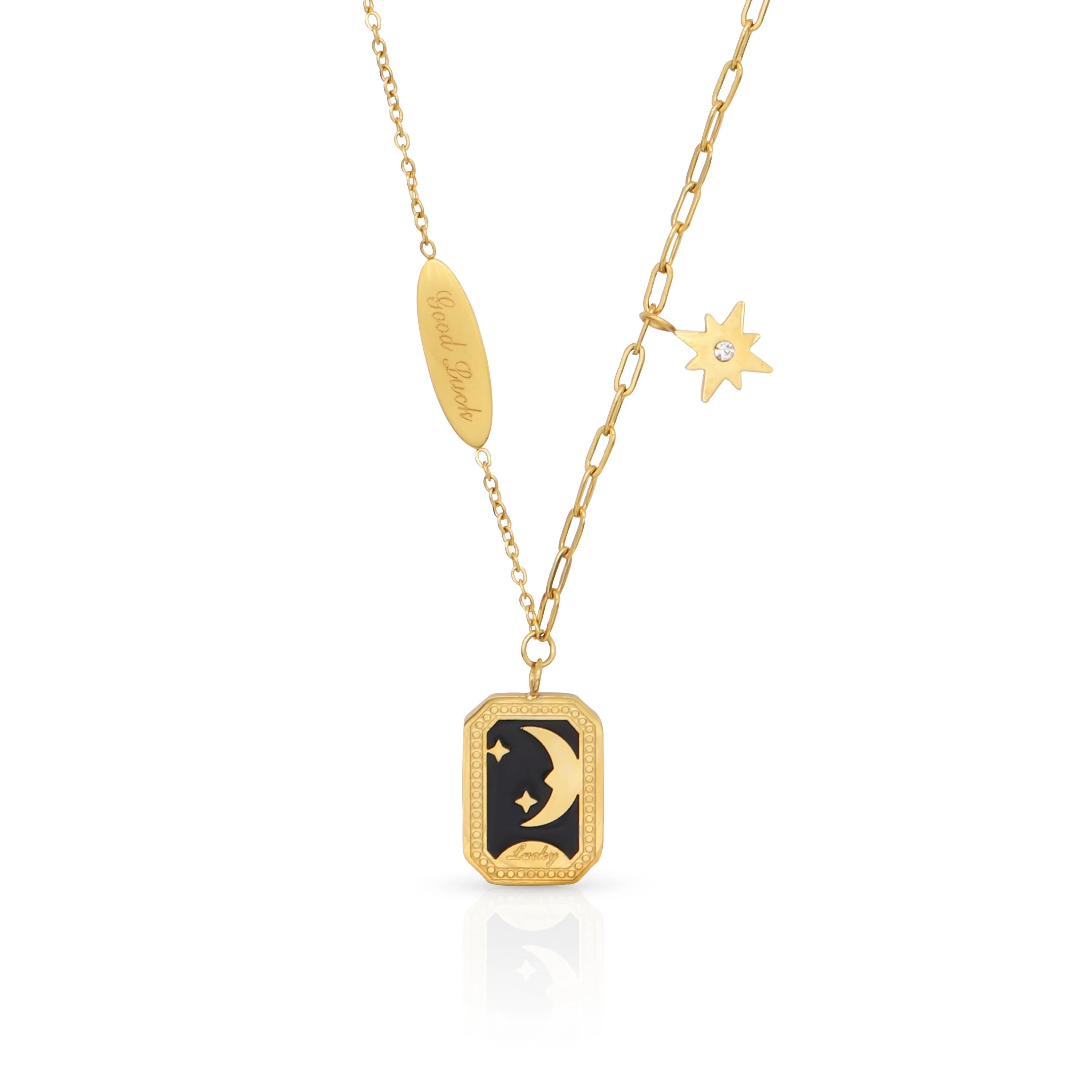 Chris April in Stock Fashion Jewelry 316L Stainless Steel PVD Gold Plated Dainty Moon and Star Pattern Pendant Necklace