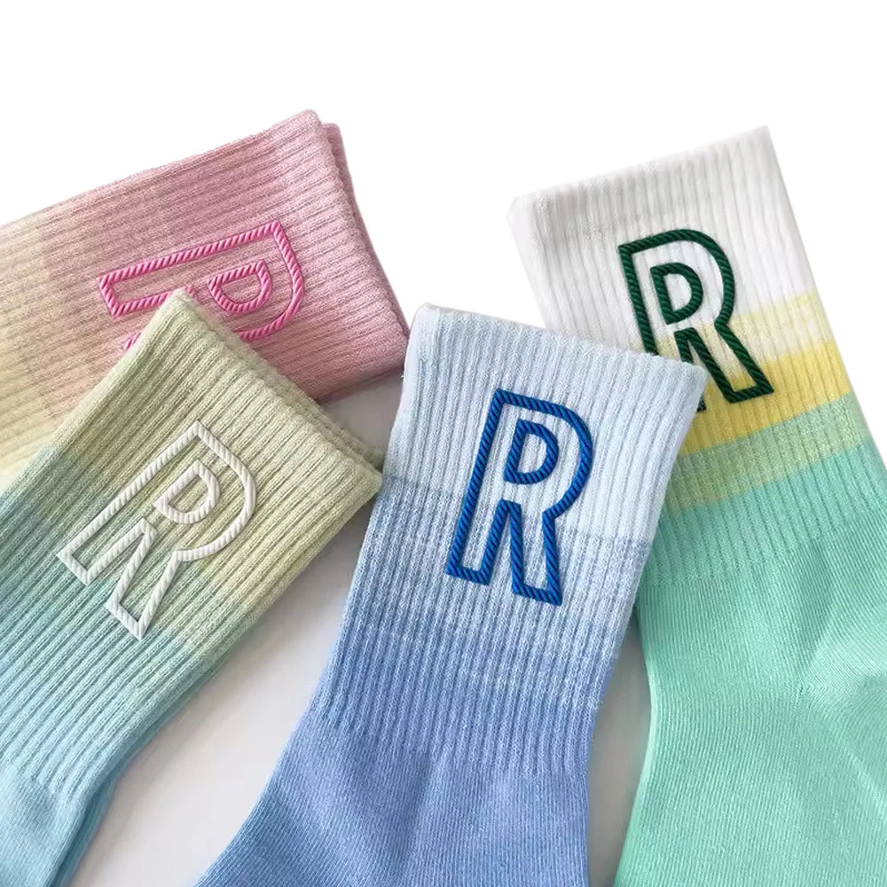 Customized Summer Gradient Tie Dye Mid Sleeve Ins Fashion Cotton Unisex Letter R Outerwear Street Sports Socks