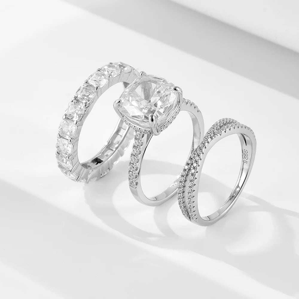 Luxury S925 Sterling Silver Engagement Rings Jewelry Shiny Ice Flower 5A Zircon Eternity Band Wedding Cut Ring Set for Women