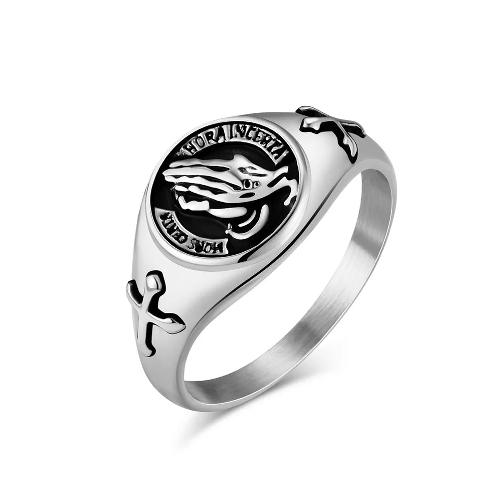 Religious Jewelry Mens Stainless Steel Cross Lords Prayer Ring