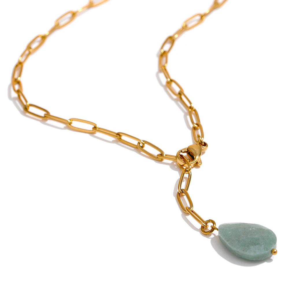 JINYOU 727 Minimalist Metal Chain 18K Gold Plated Stainless Steel Natural Stone Agate Pendant Necklace Jewelry