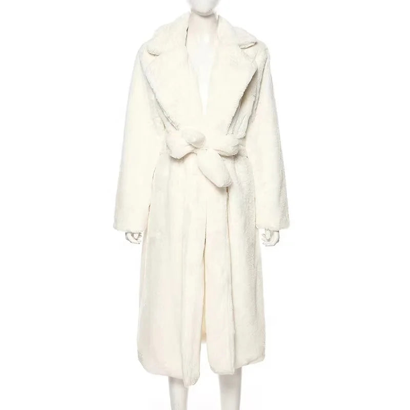 2021 Korean Fashion Fluffy Oversize Faux Fur Coat for Women White Winter Warm Long Outerwear Hood Lapel Sashes Cotton Padding