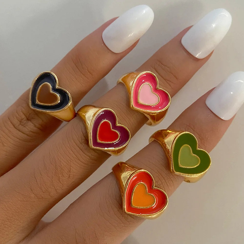 2025 European American INS Heart Shaped Open Knuckle Set Ring Gift Color Drip Oil Love Mid Rings Set for Women