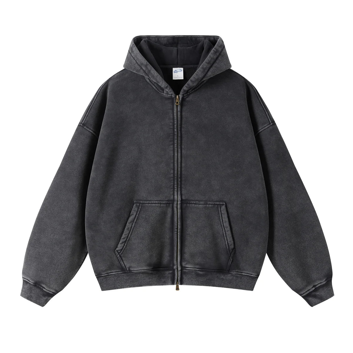 Custom Embroidery French Heavyweight Distressed Acid Wash Zip up Hoodie Puff Print Double Zipper Sun Faded Washed Zipped Hoodie