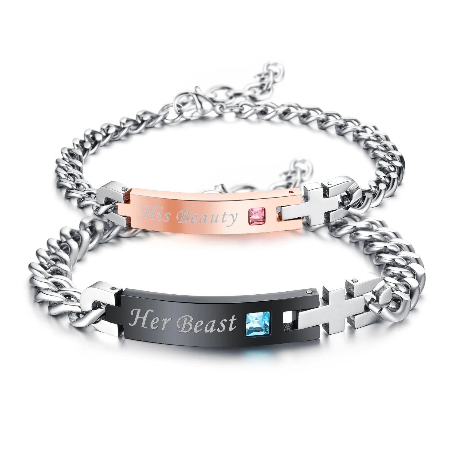 Beauty and Beast Romantic Cross Silver Chain Couple Set Bracelet Custom Unique His and Hers Bracelets