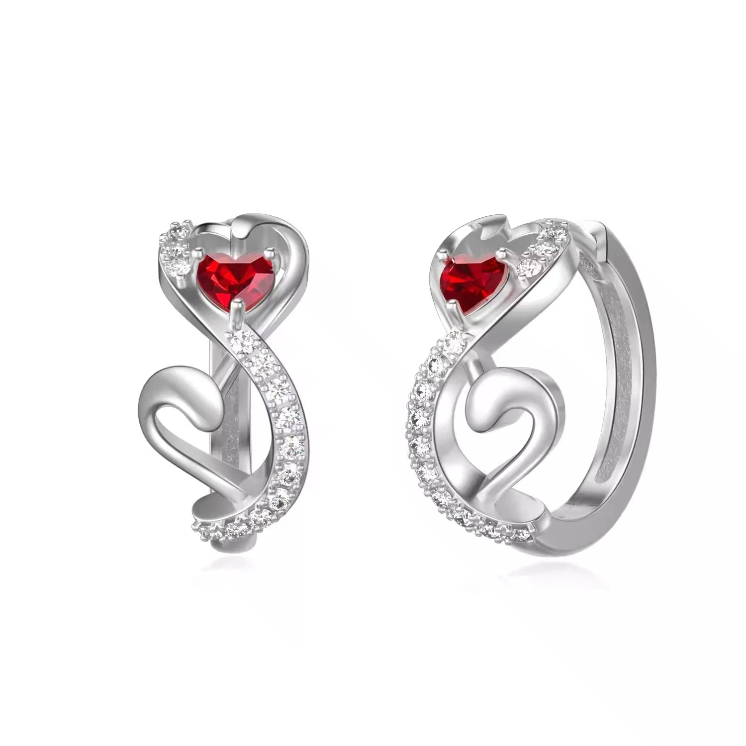 Hypoallergenic Jewelry 925 Sterling Silver Red Heart Zircon Infinity Hoop Earrings for Girl