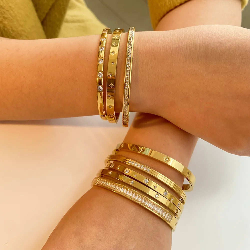 Simple Design Waterproof 18k Gold Plated Titanium Steel Zircon Cuff Jewelry Bracelets Bangle