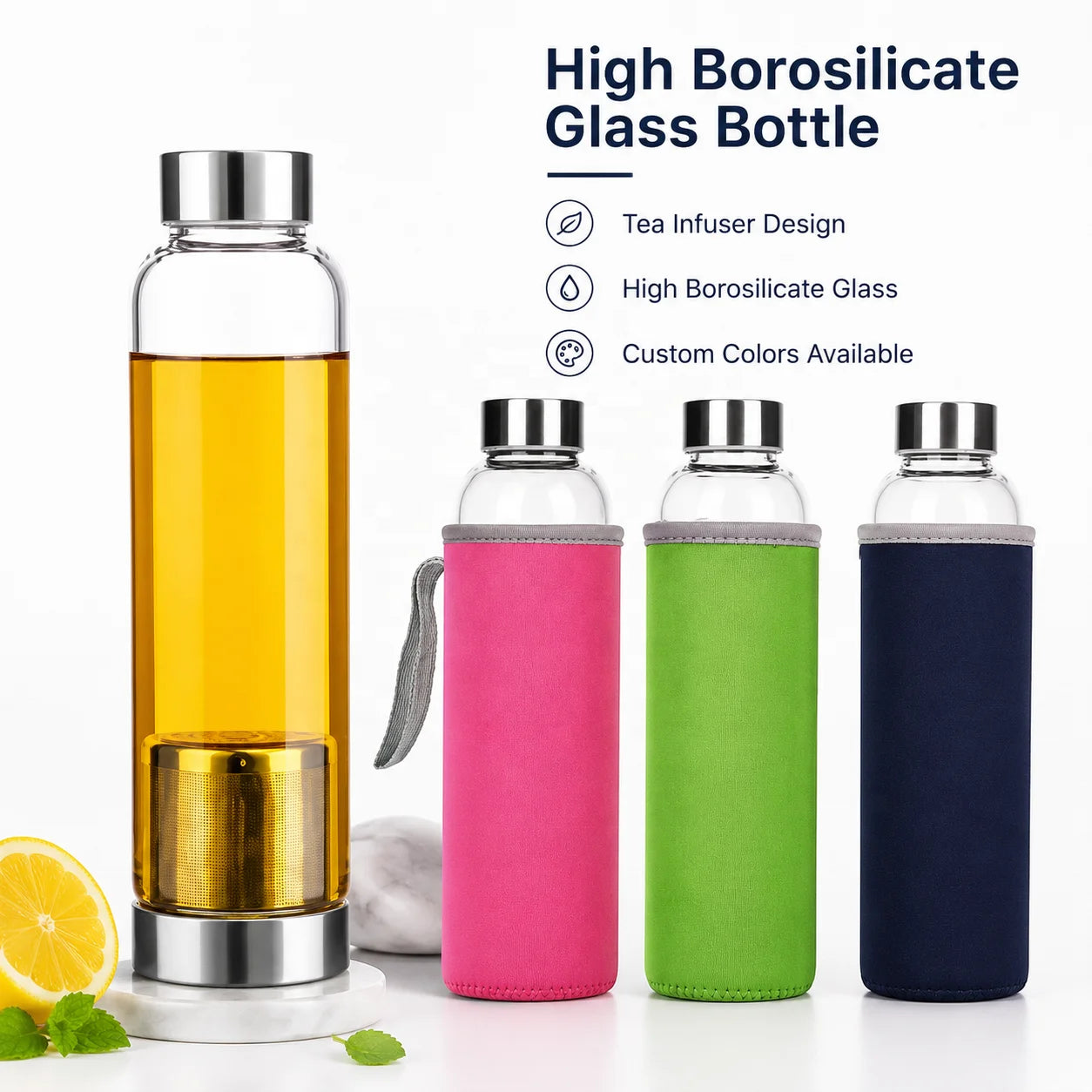 Hot Sale Heat Resistant High Borosilicate Tea Infuser Glass Water Bottle With Cover
