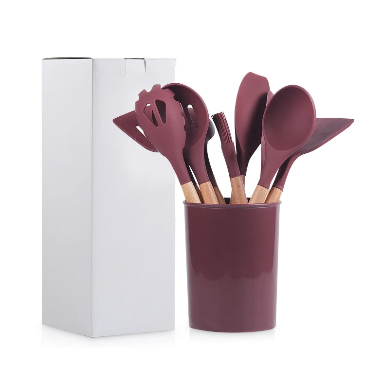 Hot Sale 11pcs BPA Free 11in1 Cooking Silicone Kitchen Utensils Set with Wooden Handle Box Packing With Storage Holder