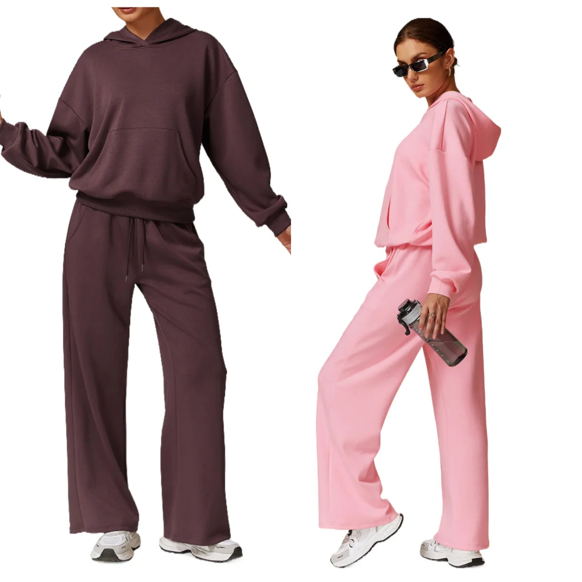 Women's 2024 Fall 2-Piece Outfits Seamless Breathable Hoodie & Wide Leg Sweatpants Matching Lounge Set
