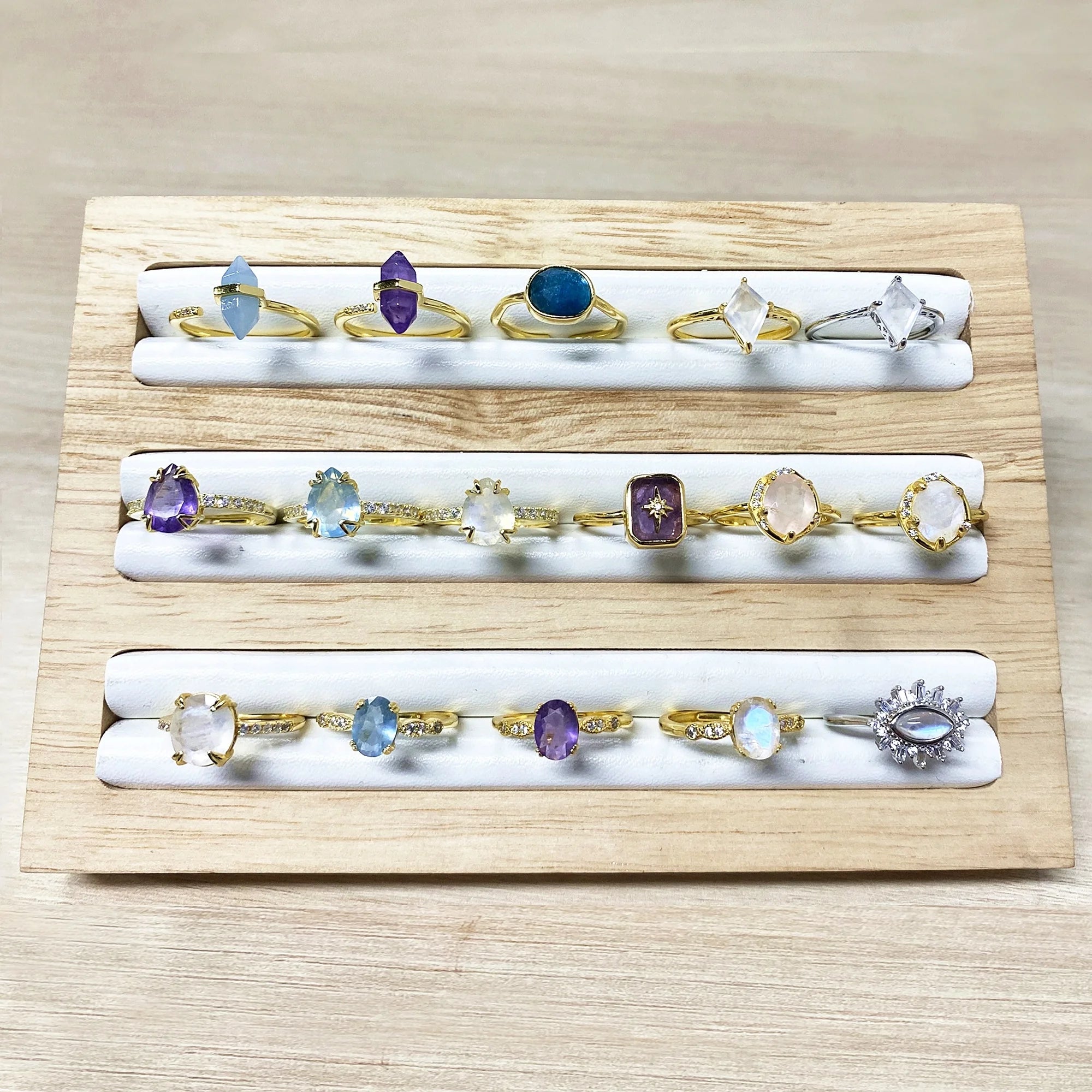 Natural Moonstone Aquamarine Healing Crystal Gold Plated 925 Sterling Silver Fine Jewelry Crystal Rings for Women