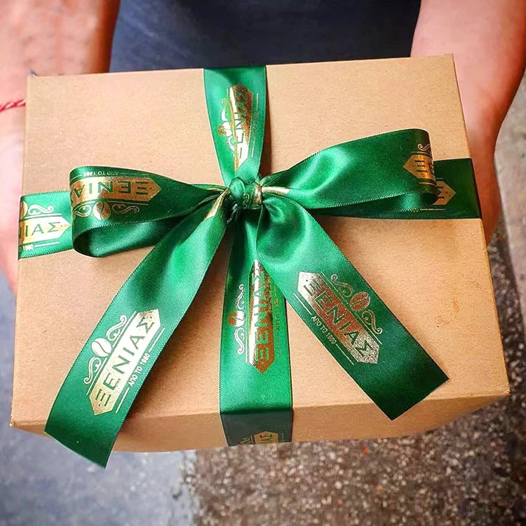 Custom 38mm Gold Foil Green Satin Recycled Ribbon 1.5 Inch Single Face DIY Gift Wrapping Ribbon Bow with Own Logo