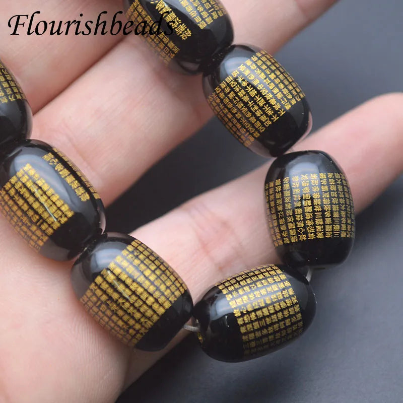 Natural Black Onyx Carved Version of the Heart Sutra Barrel Drum Shape Stone Loose Beads for Jewelry Necklace Bracelet Making