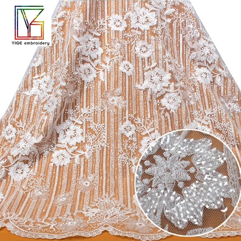 Bridal Luxury White Wedding Glitter Sequin Fabric Transparent Tulle Lace Fabric