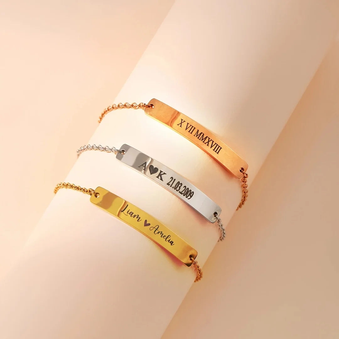 Personalized Jewelry Mirrored Polished Bracelet Adjustable Bracelets 6mm Bar Curved Long Bar Custom Name Bracelet for Gift
