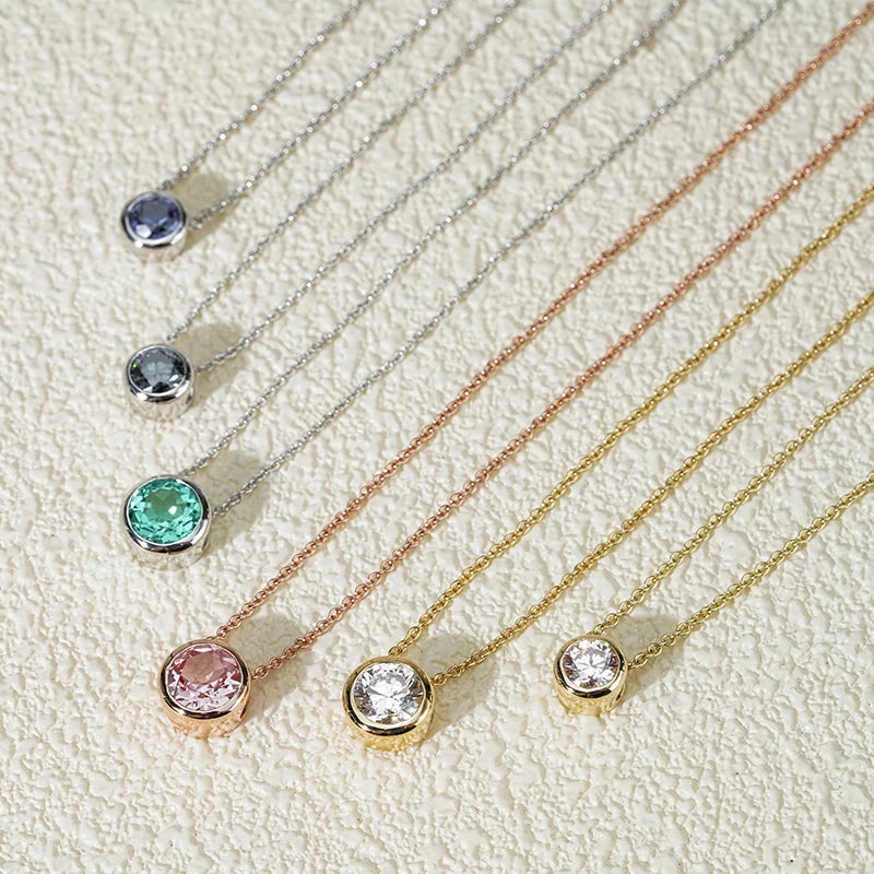 Starsgem Color Gemstone Necklace 10k Round Bezel Lab Grown Diamond Necklace