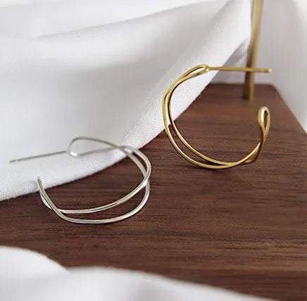 Fine Jewelry Simple Wave 18K Gold Plated S925 Sterling Silver Double Layer Cross Shape Hoop Earrings for Women YH368