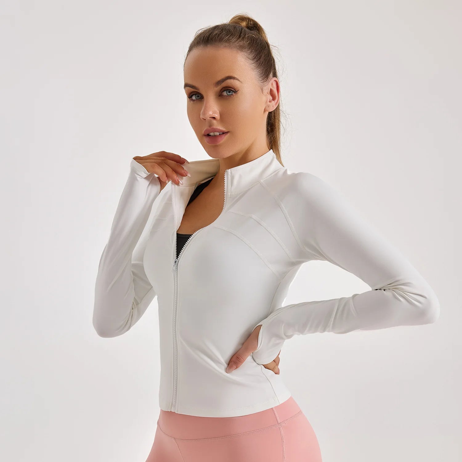 Women's Plus Size Gym Workout Jackets Lightweight Slim Fit Long Sleeve Sports Top with Full Zip Autumn Yoga Tops Thumb Holes