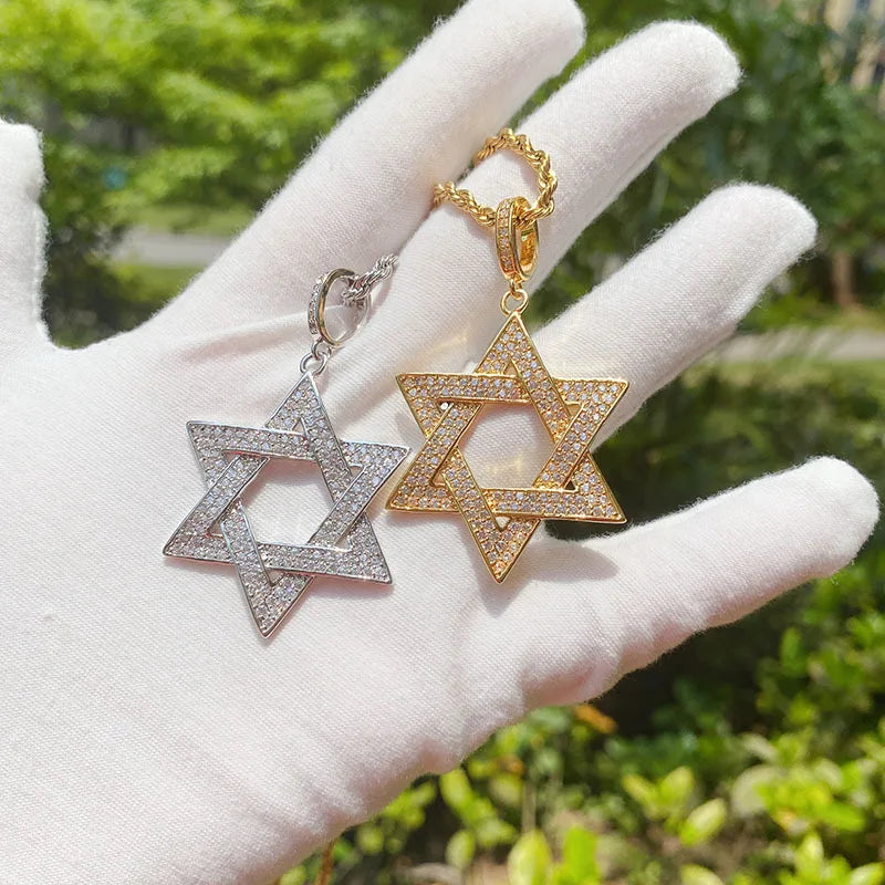European and American Six Star Micro-inlaid Men's Necklace Star of David Hip Hop Pendant Pendant and  Hot