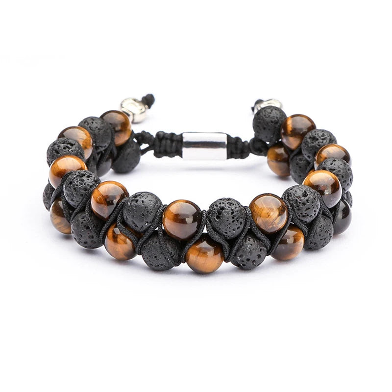 Charm Natural Tiger Eye lava Stone Beads Men Stainless Beads Two Layers Bracelet ST142