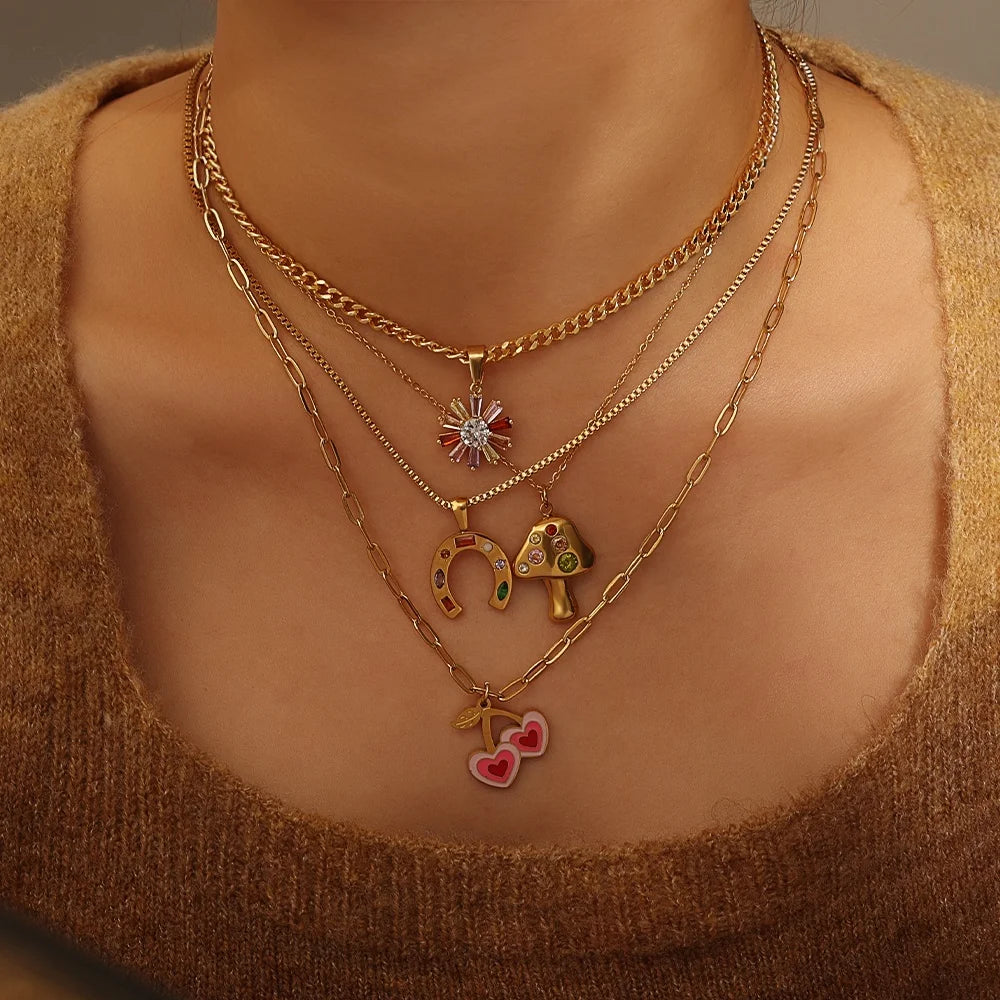 Best-Selling Gold Mushroom Pendant Necklace Lucky Symbol Sparkling Zircon Stones Stainless Steel Necklace Mushroom Necklace
