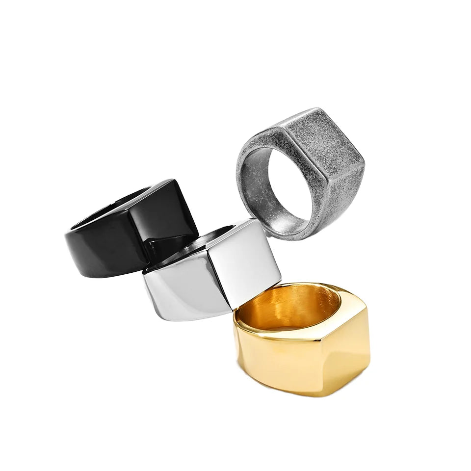 Trendy Men's Punk Square Stainless Steel Finger Signet Ring Custom Engraving Blanks 18K Gold Engagement Ring for Gift