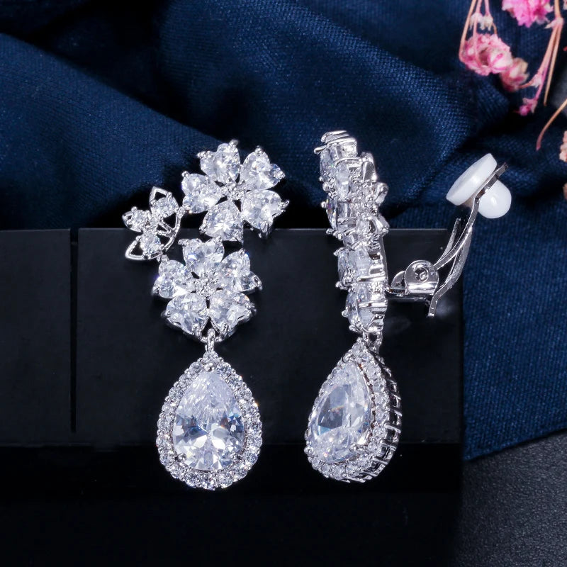 Elegant Flower Shape Bridal Wedding Jewelry Cubic Zirconia Crystal Clip on Earings for Non Pierced Ear Hole