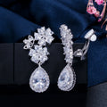 Elegant Flower Shape Bridal Wedding Jewelry Cubic Zirconia Crystal Clip on Earings for Non Pierced Ear Hole