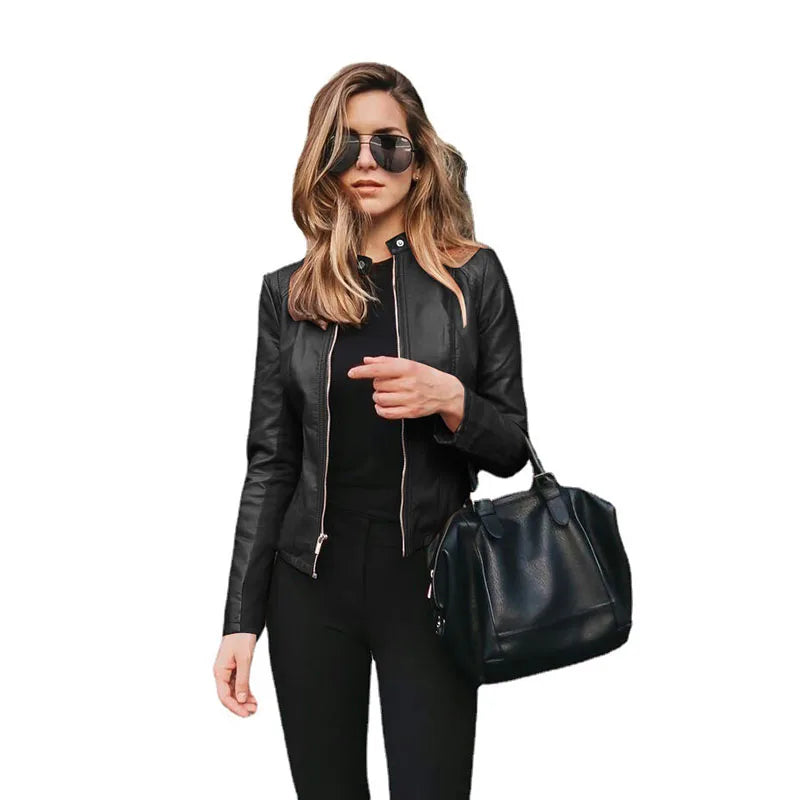 RNSHANGER Women Flight Jacket Pu Leather Zipper Outfit Autumn Fashion Short Thin Female Coat Office Lady Casual Jackets