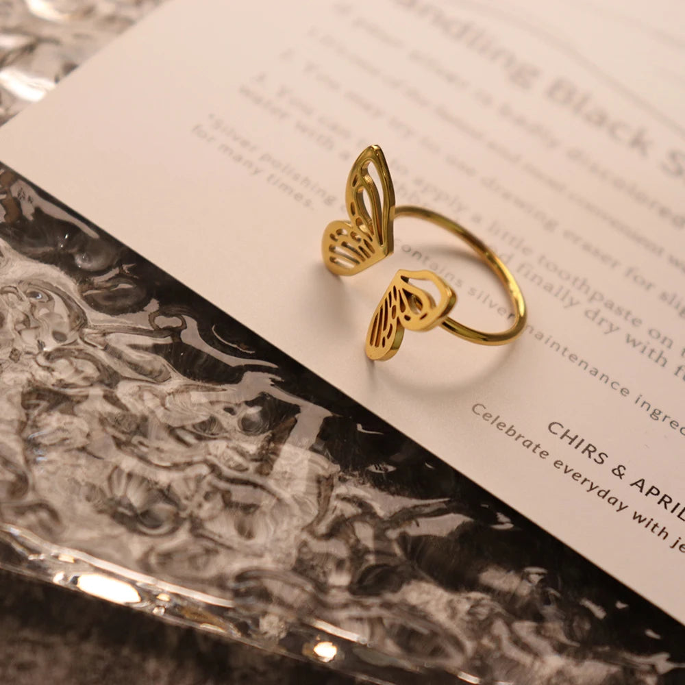 Chris April in Stock Fashion Jewelry PVD Gold Plated 316L Stainless Steel Personalized Butterfly Open Ring