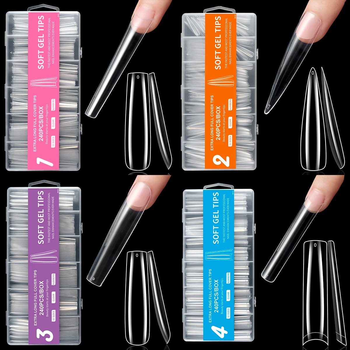 240-Piece Ultra Long ABS Nail Patch XXXL Boxed French Style Cowboy Square Pattern Transparent Full Paste Finger Butterfly Design