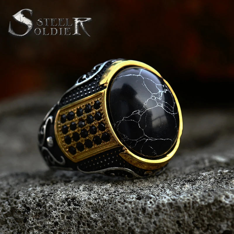 SS8-987R Steel Soldier 2023 New Saudi Arabia Punk Ring Black Stone Men's Ring Fashion Stainless Steel Jewelry Gift