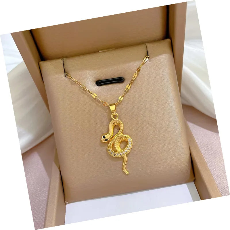 DAIHE Womens Stainless Steel Chain Snake Pendant Necklace Fashion Gold Zircon Clavicle Chain