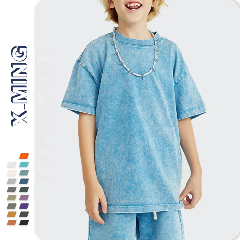 Streetwear Children Round Neck Short Sleeve Acid Wash Tshirts Old Cotton Kids Tees Stone Heavyweight Stock Cheap Price Dgt Print