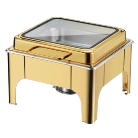 Full Glass Window Cheffing Dishes Stainless Steel Buffet Food Warmer Luxury Gold 6L Square Chafing Dish for Buffet