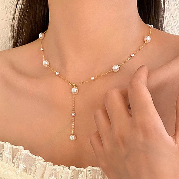 Korea Simple Tassel Necklace Stainless Steel Necklace Jewelry Elegant Full Star Pearl Necklace for Women Girls